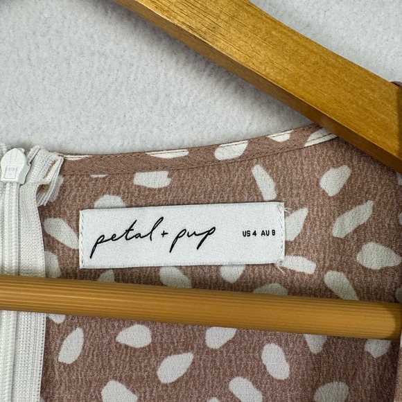 Petal + Pup Brown & White Puff Sleeve Midi Dress | US 4 - Picture 5 of 6